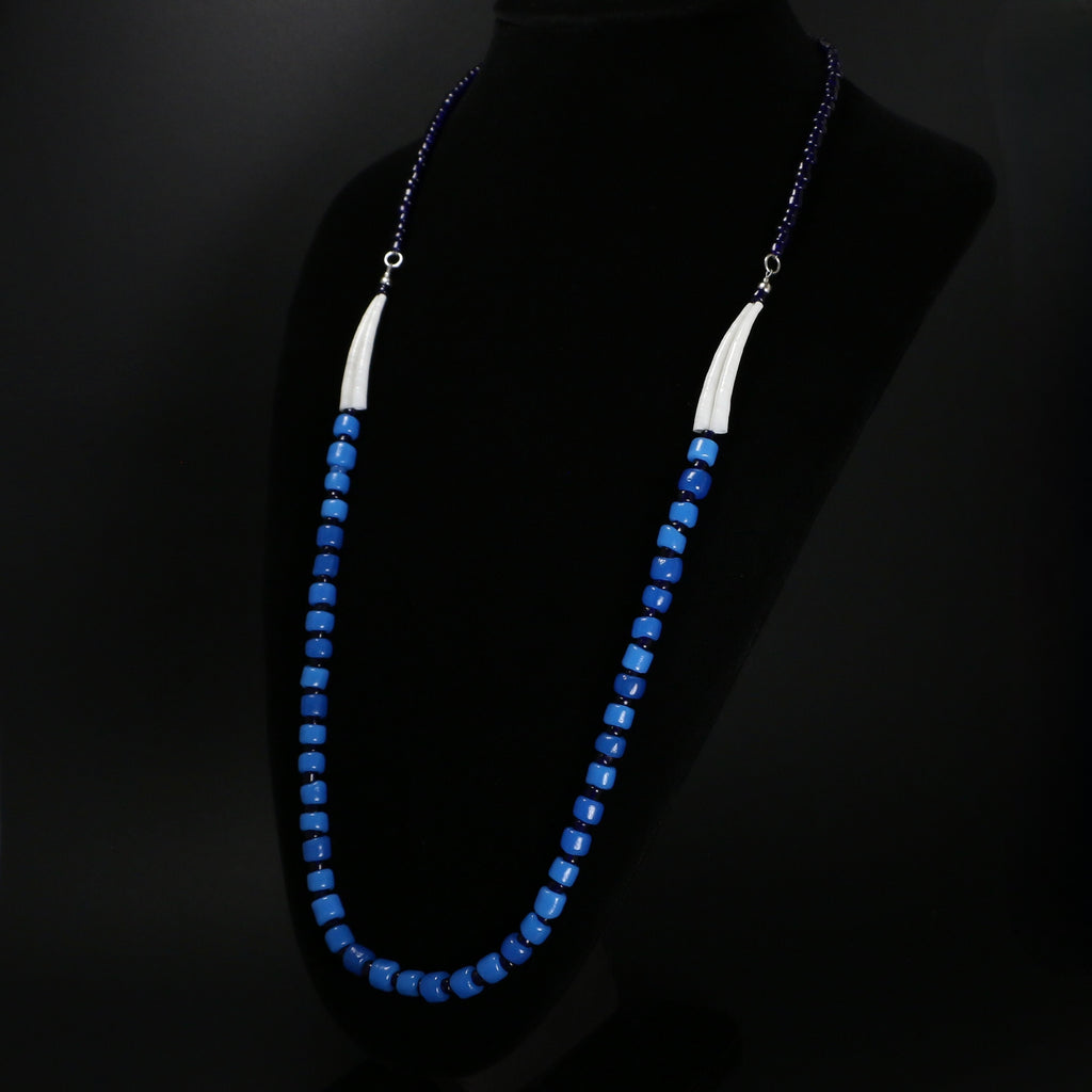 Beaded Dentalium Shell Necklace - Greasy Blue