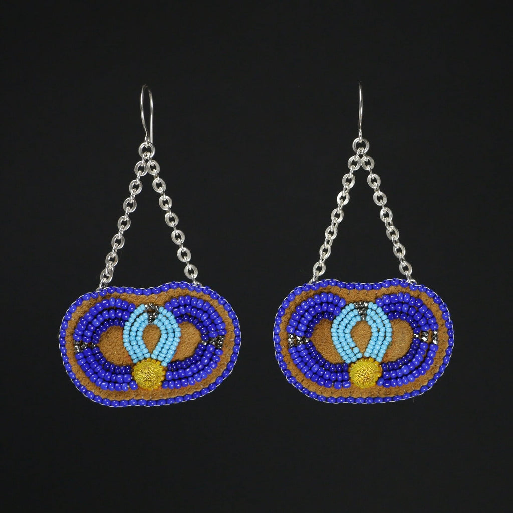 Beaded and Tufted Floral Earrings - Blue