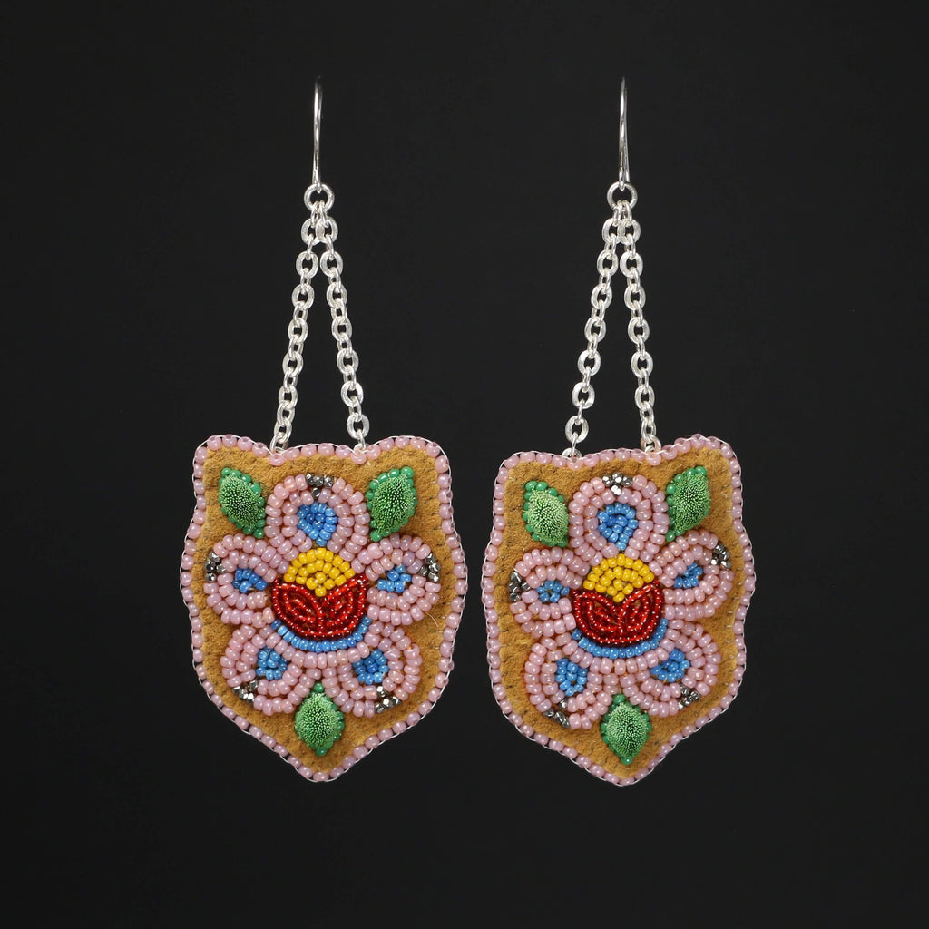 Beaded and Tufted Floral Earrings - Rose Opal