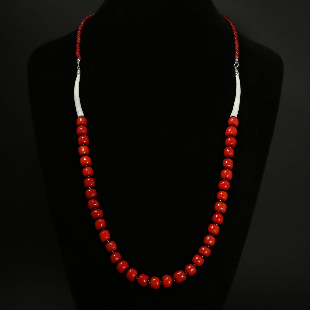 Beaded Dentalium Shell Necklace - Greasy Red